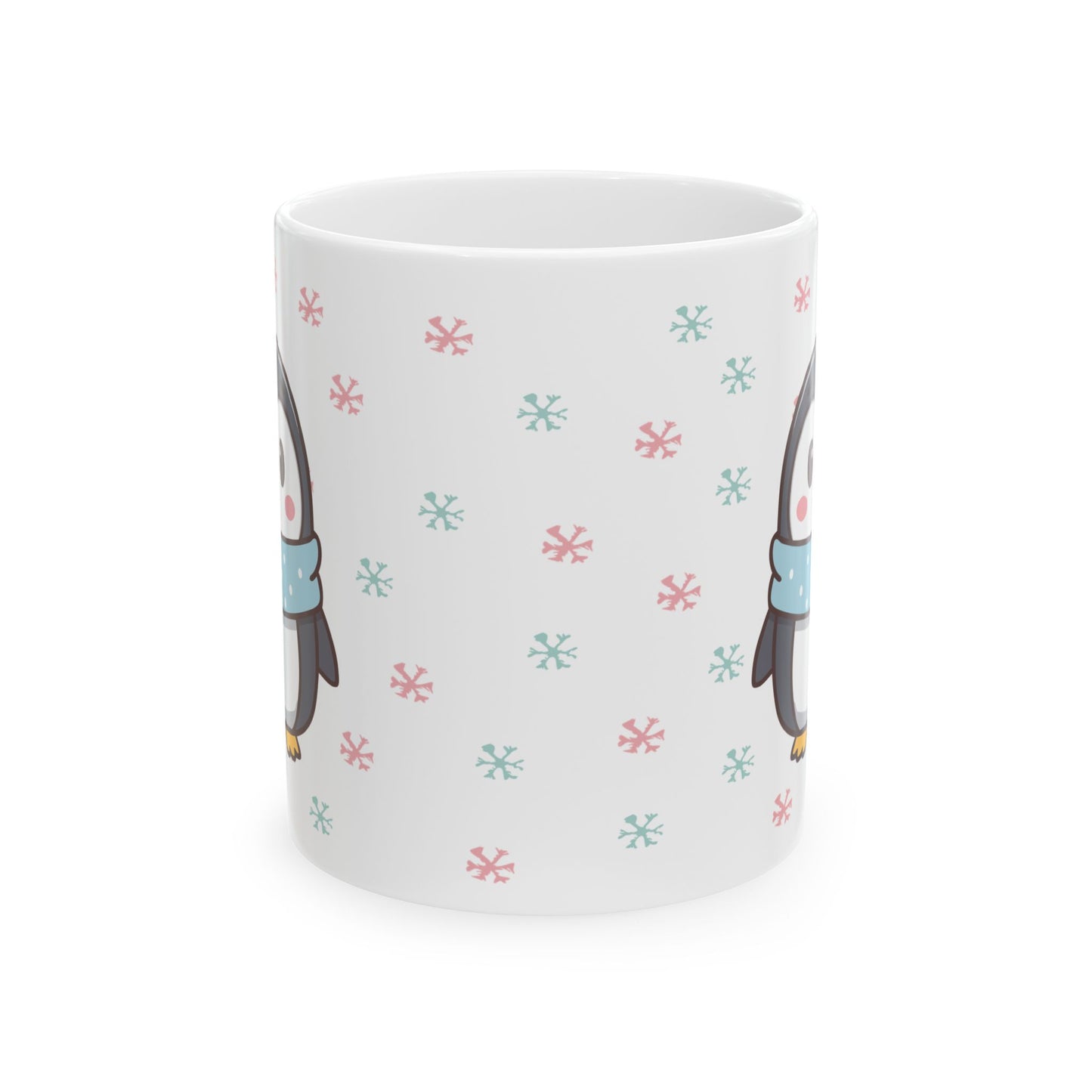 Gray Penguin with Colorful Snowflakes Ceramic Mug | Cute Winter Coffee Cup | Holiday Penguin Gift | 11oz & 15oz