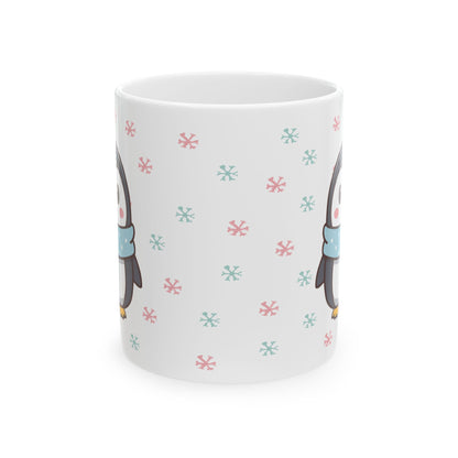 Gray Penguin with Colorful Snowflakes Ceramic Mug | Cute Winter Coffee Cup | Holiday Penguin Gift | 11oz & 15oz