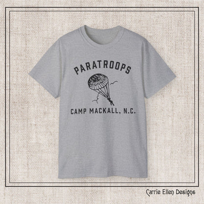 Camp Mackall Paratroops Short Sleeve T-Shirt – Vintage WWII Military Camp Design – Heavyweight 100% Cotton Tee (P-6032)
