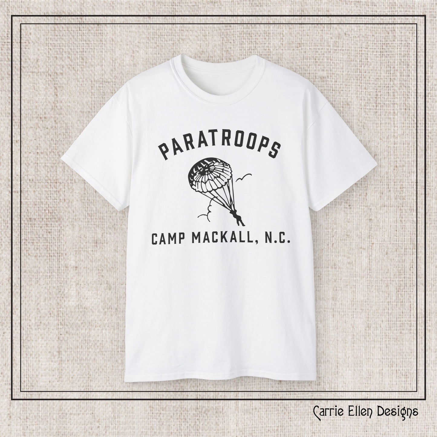 Camp Mackall Paratroops Short Sleeve T-Shirt – Vintage WWII Military Camp Design – Heavyweight 100% Cotton Tee (P-6032)