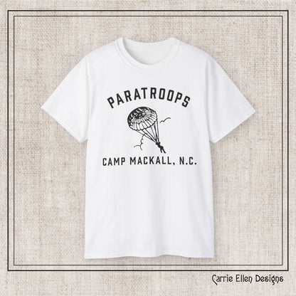 Camp Mackall Paratroops Short Sleeve T-Shirt – Vintage WWII Military Camp Design – Heavyweight 100% Cotton Tee (P-6032)