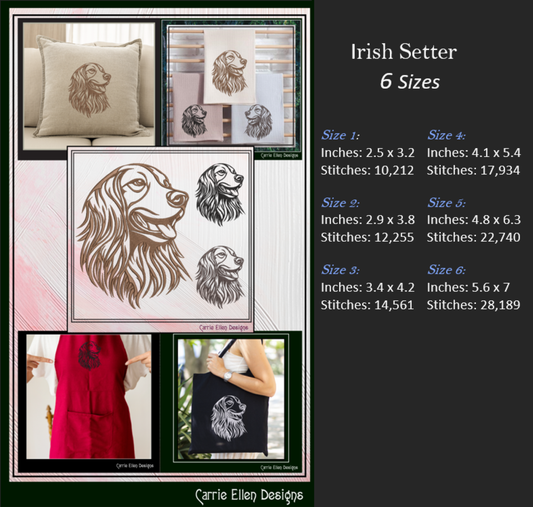 Irish Setter Machine Embroidery Design, Dog Lover Embroidery Pattern, Pet Embroidery, 6 Sizes (1567)