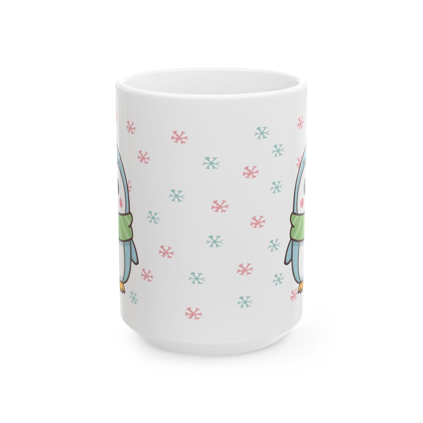 Blue Penguin with Colorful Snowflakes Ceramic Mug | Cute Winter Coffee Cup | Holiday Penguin Gift | 11oz & 15oz