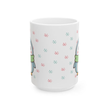 Blue Penguin with Colorful Snowflakes Ceramic Mug | Cute Winter Coffee Cup | Holiday Penguin Gift | 11oz & 15oz