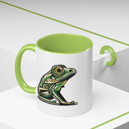 Green Stylized Frog Mug | Embroidery Styled Accent Colored Printed Coffee Mug (3817)