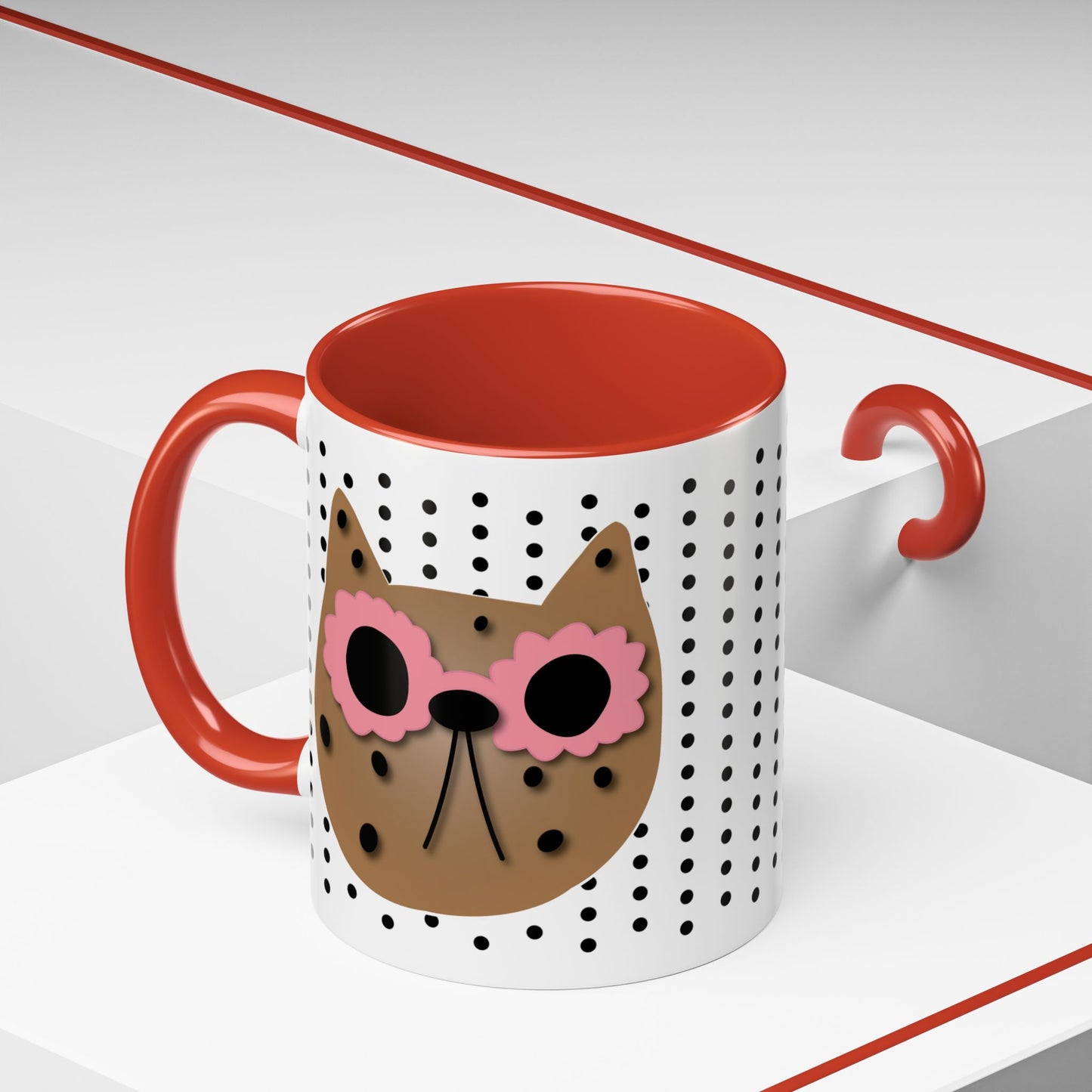 Spotted Cat Mug with Pink Sunglasses Accent Coffee Cup | 11oz 15oz (3812)