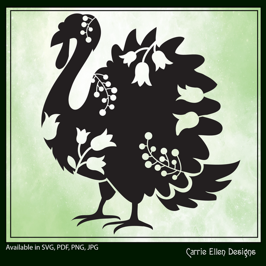 Floral Turkey Vector Clipart, Bird Silhouette with Flowers, Wildflower Turkey Silhouette, (1619)