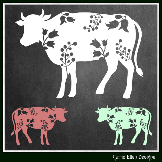 Floral Cow Vector Clipart, Bovine Silhouette with Flowers, Wildflower Farm Animal Silhouette, (1626)