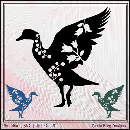 Flying Floral Goose Vector Clipart, Bird Silhouette with Flowers, Wildflower Farm Animal Silhouette, (1635)