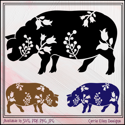 Floral Standing Pig Vector Clipart, Farm Animal Silhouette with Wildflowers (1636)