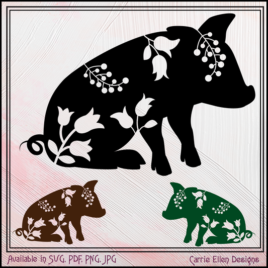 Floral Pig Sitting SVG Vector Clipart – Farm Animal Silhouette with Wildflowers (1639)