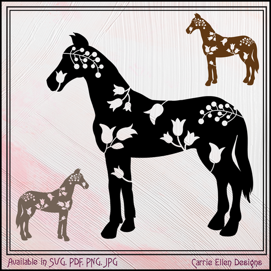 Floral Horse SVG Clipart, Farm Animal Silhouette, Pony with Wildflowers (1643)