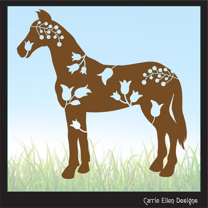 Floral Horse SVG Clipart, Farm Animal Silhouette, Pony with Wildflowers (1643)