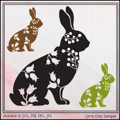 Floral Rabbit Vector Clipart, Farm Animal Silhouette with Wildflowers (1673)