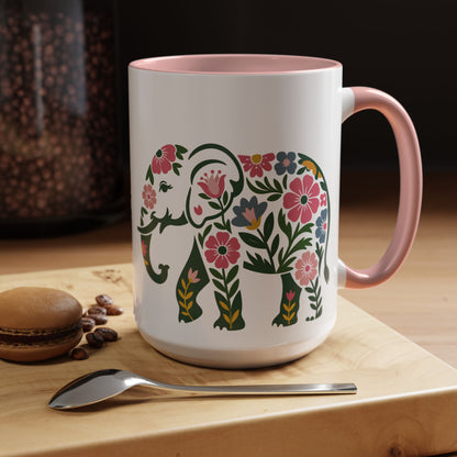 Floral Elephant Accent Coffee Mug | Boho Elephant Ceramic Mug | 11oz & 15oz Color Accent Mug (4271)