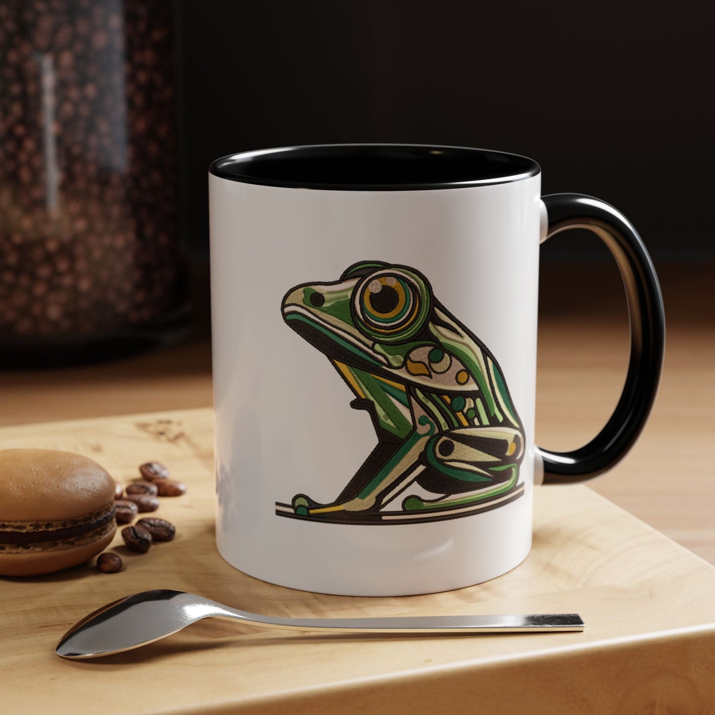 Green Stylized Frog Mug | Embroidery Styled Accent Colored Printed Coffee Mug (3817)