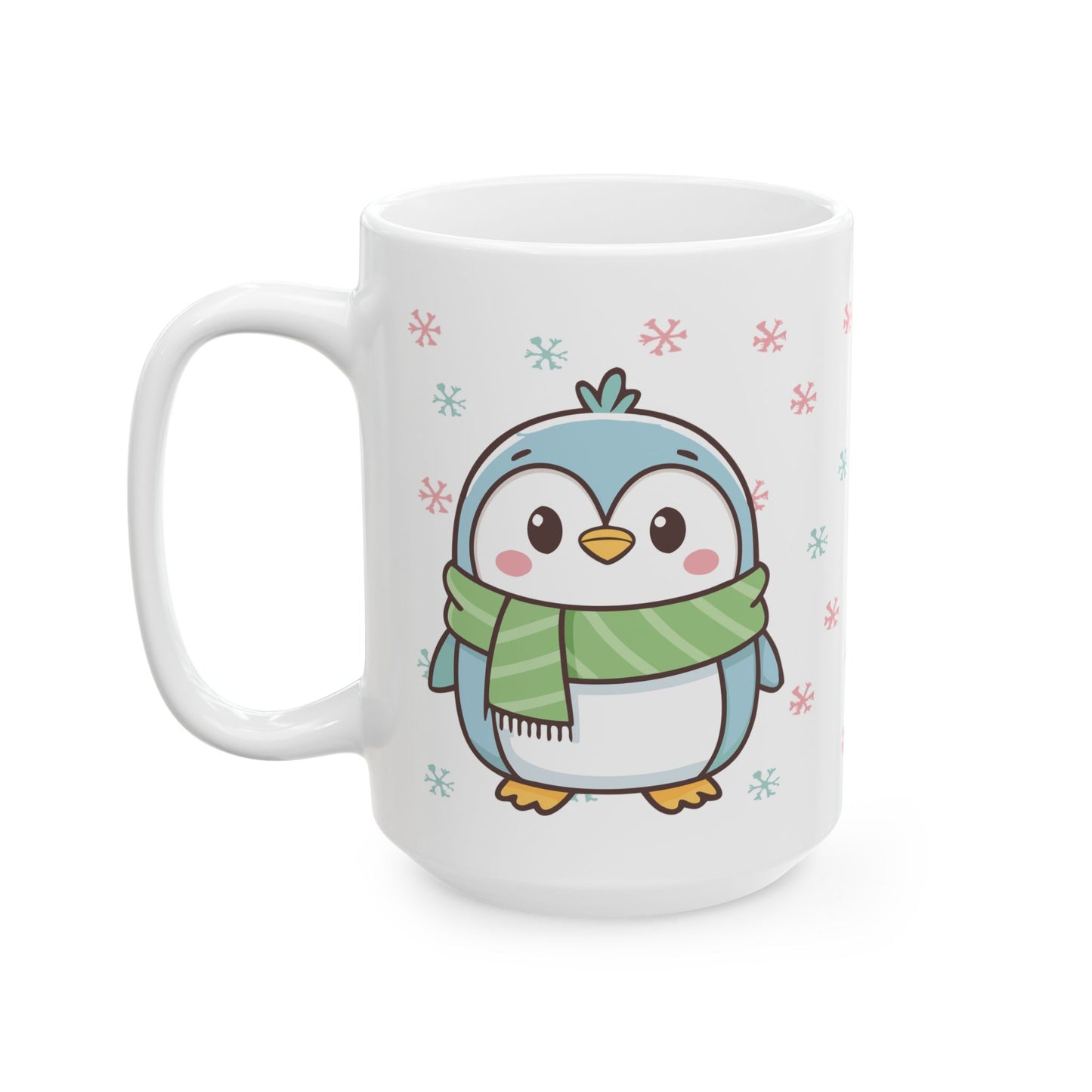 Blue Penguin with Colorful Snowflakes Ceramic Mug | Cute Winter Coffee Cup | Holiday Penguin Gift | 11oz & 15oz