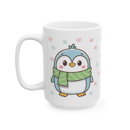 Blue Penguin with Colorful Snowflakes Ceramic Mug | Cute Winter Coffee Cup | Holiday Penguin Gift | 11oz & 15oz