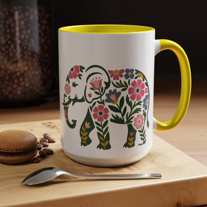 Floral Elephant Accent Coffee Mug | Boho Elephant Ceramic Mug | 11oz & 15oz Color Accent Mug (4271)