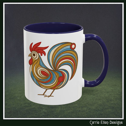 Colorful Rooster Accent Coffee Mug – Abstract Farmhouse Animal Embroidery Styled Print | 11oz & 15oz Ceramic (P-6081)