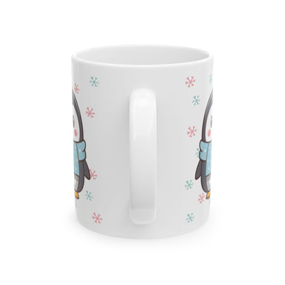 Gray Penguin with Colorful Snowflakes Ceramic Mug | Cute Winter Coffee Cup | Holiday Penguin Gift | 11oz & 15oz