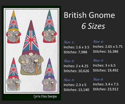 British Gnome Machine Embroidery Design | Cute Gnome with Cup of Tea & Umbrella | UK Flag Gnome Design | 6 Sizes (1794)