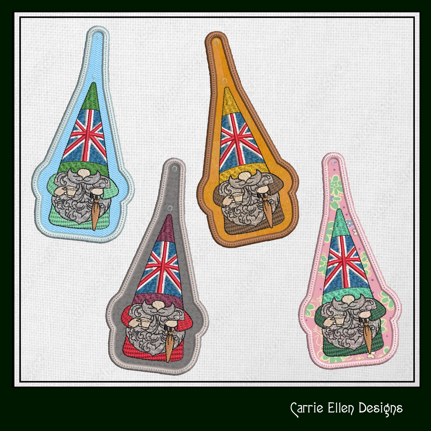 English Gnome ITH Key Fob Machine Embroidery Design | British Flag In-The-Hoop Key Tag Project (1796)