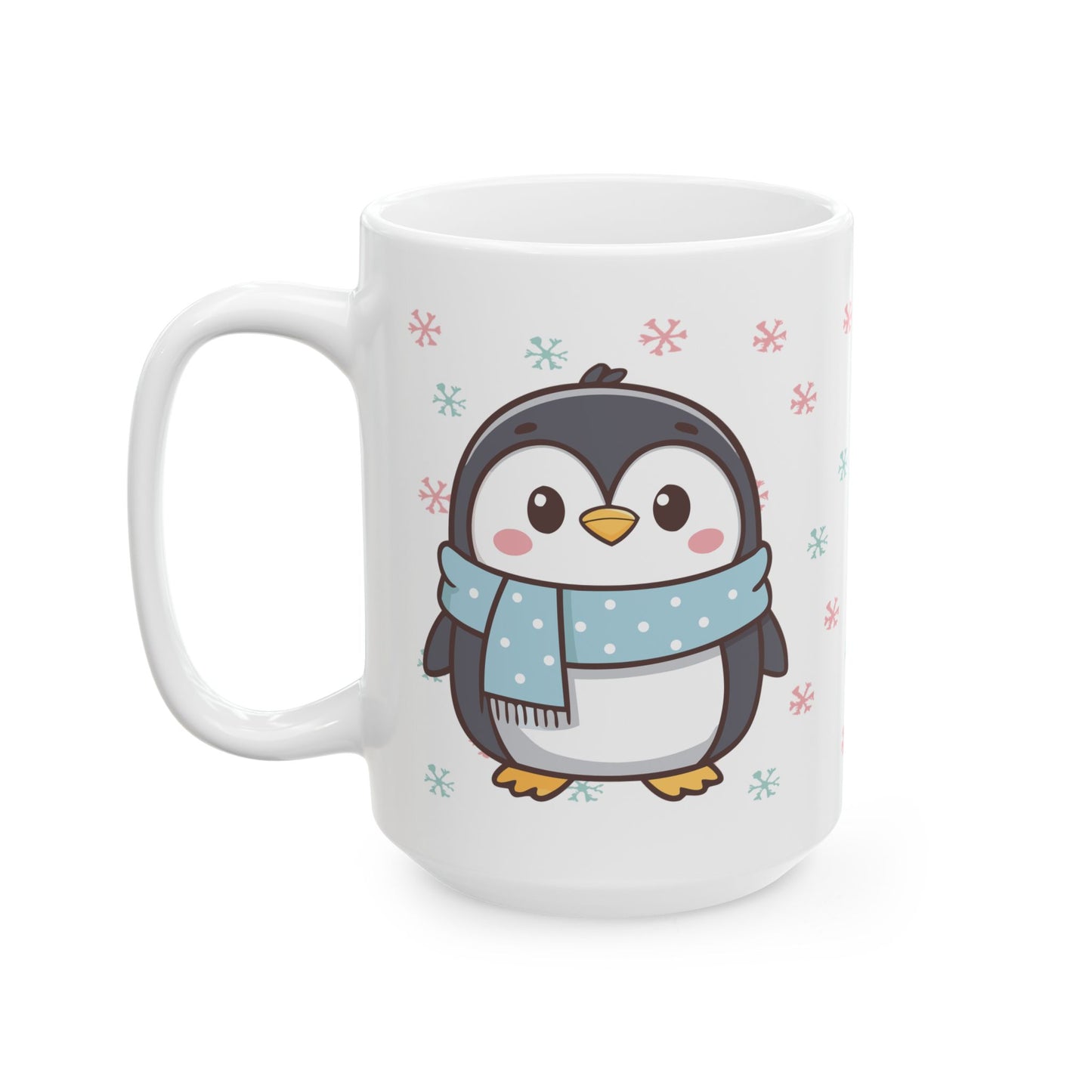 Gray Penguin with Colorful Snowflakes Ceramic Mug | Cute Winter Coffee Cup | Holiday Penguin Gift | 11oz & 15oz