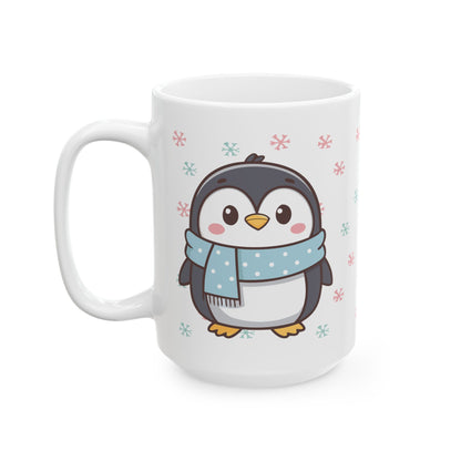 Gray Penguin with Colorful Snowflakes Ceramic Mug | Cute Winter Coffee Cup | Holiday Penguin Gift | 11oz & 15oz