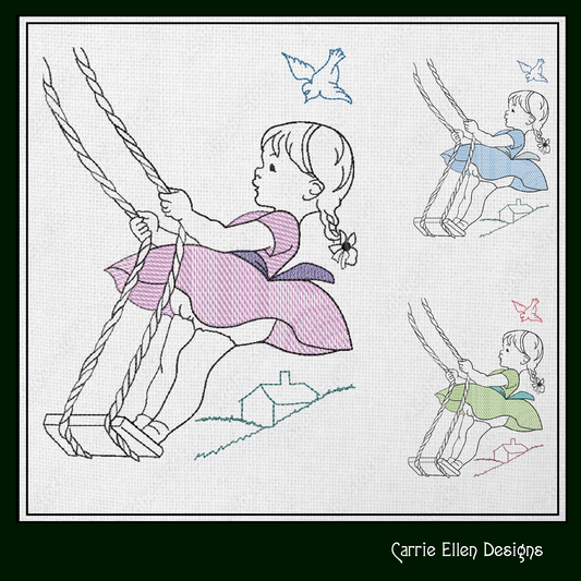 Vintage Girl on Swing Machine Embroidery Design | Artistic Line Art Embroidery | Nostalgic Childhood Pattern | 6 Sizes (1835)