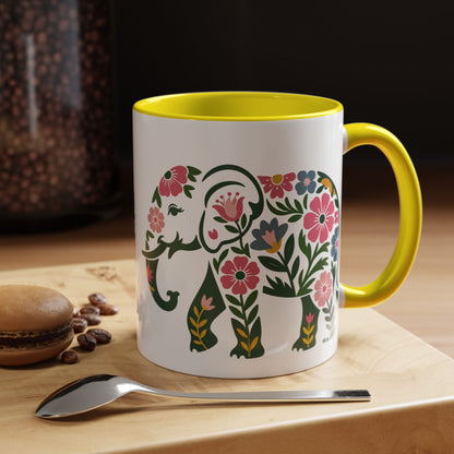 Floral Elephant Accent Coffee Mug | Boho Elephant Ceramic Mug | 11oz & 15oz Color Accent Mug (4271)