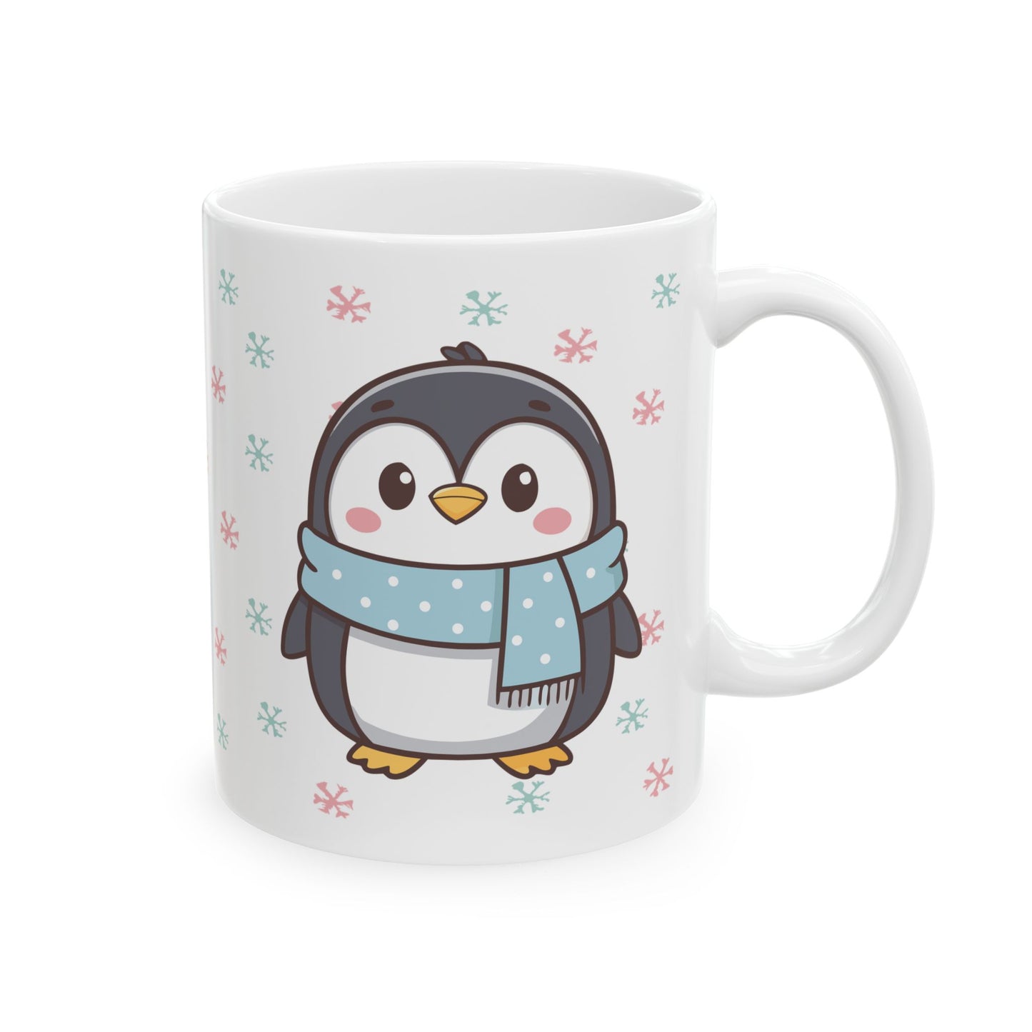 Gray Penguin with Colorful Snowflakes Ceramic Mug | Cute Winter Coffee Cup | Holiday Penguin Gift | 11oz & 15oz