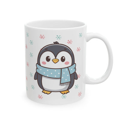 Gray Penguin with Colorful Snowflakes Ceramic Mug | Cute Winter Coffee Cup | Holiday Penguin Gift | 11oz & 15oz