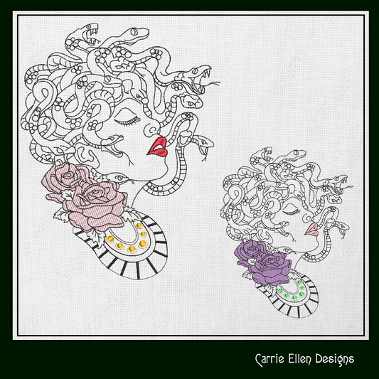 Medusa Machine Embroidery Design | Mythical Goddess with Snakes and Roses | Intricate Line Art Embroidery | 6 Sizes (1844)