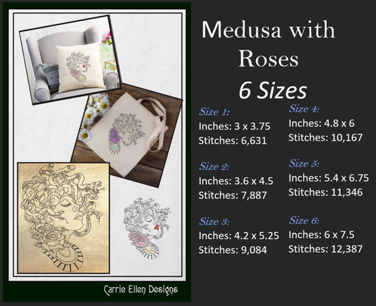 Medusa Machine Embroidery Design | Mythical Goddess with Snakes and Roses | Intricate Line Art Embroidery | 6 Sizes (1844)