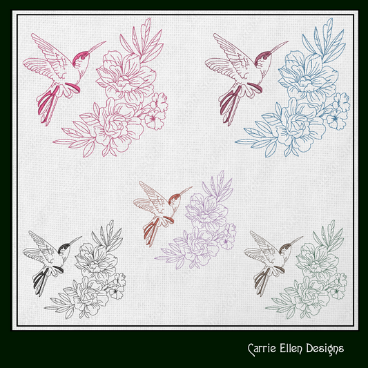 Hummingbird Machine Embroidery Design | Flying Bird with Flowers | Artistic Sketch Embroidery | 6 Sizes (1845)