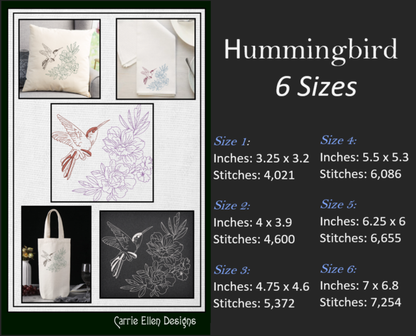 Hummingbird Machine Embroidery Design | Flying Bird with Flowers | Artistic Sketch Embroidery | 6 Sizes (1845)