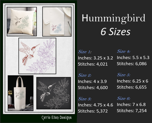 Hummingbird Machine Embroidery Design | Flying Bird with Flowers | Artistic Sketch Embroidery | 6 Sizes (1845)