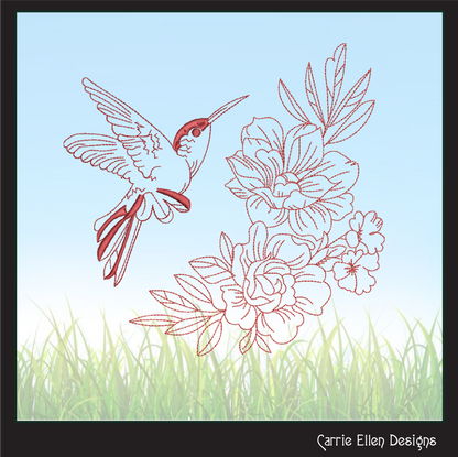 Hummingbird Machine Embroidery Design | Flying Bird with Flowers | Artistic Sketch Embroidery | 6 Sizes (1845)