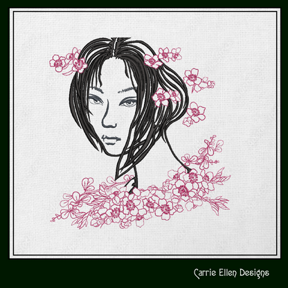 Cherry Blossom Lady Machine Embroidery Design | Woman with Flowers | Artistic Floral Sketch | 6 Sizes (1846)