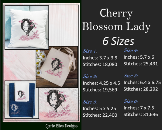 Cherry Blossom Lady Machine Embroidery Design | Woman with Flowers | Artistic Floral Sketch | 6 Sizes (1846)