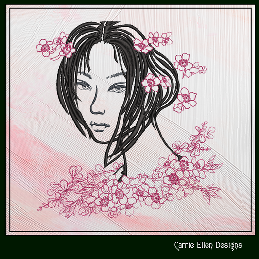 Cherry Blossom Lady Machine Embroidery Design | Woman with Flowers | Artistic Floral Sketch | 6 Sizes (1846)