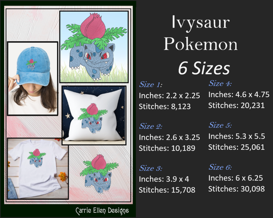 Ivysaur Machine Embroidery Design, Venasaur Embroidery Design, Pokémon Fandom Character Design, 6 Sizes (1858)