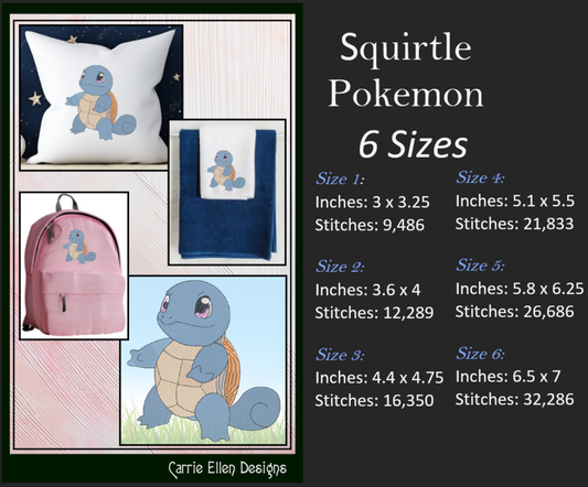 Squirtle Machine Embroidery Design, Pokémon Turtle Fandom Character Design, 6 Sizes (1898)