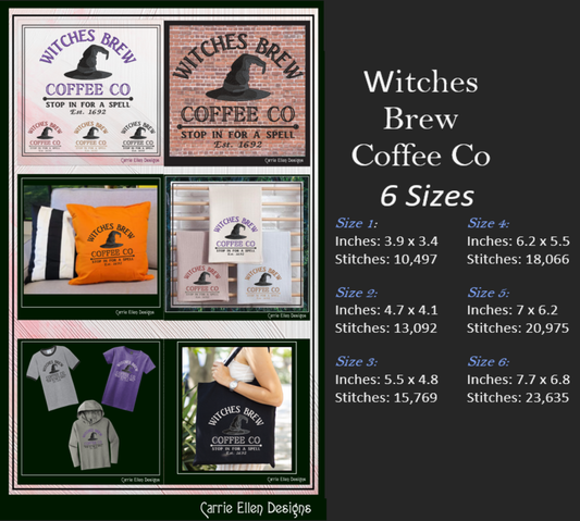 Witch Machine Embroidery Design Saying | Witches Brew Coffee Co. | Halloween Witch Theme Embroidery Pattern | 6 Sizes (1904)
