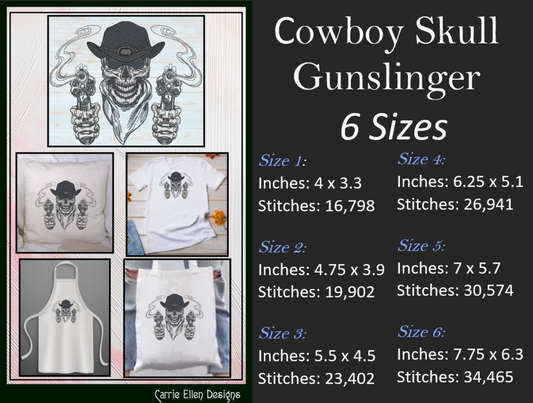 Cowboy Skeleton Machine Embroidery Design | Wild West Gunslinger with Smoking Gun | Western Sketch Style | 6 Sizes (1914)
