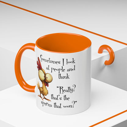 Funny Sarcastic Quote Mug | “That’s the Sperm That Won?” Colored Accent Coffee Mug 11oz & 15oz (3818)