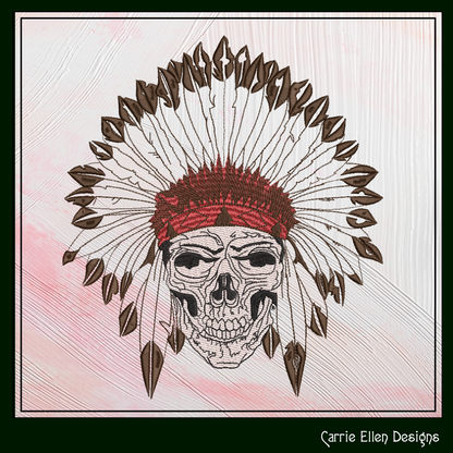 Native American Skull Headdress with Feathers, Indian Skull Machine Embroidery Design, Tribal Skull Art, 6 Sizes (1923)