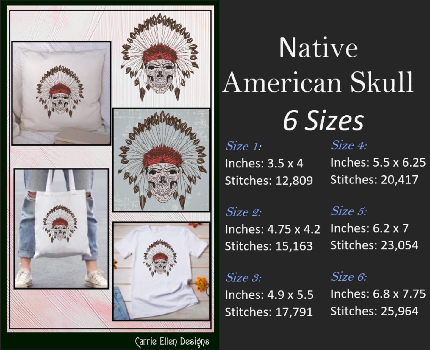 Native American Skull Headdress with Feathers, Indian Skull Machine Embroidery Design, Tribal Skull Art, 6 Sizes (1923)