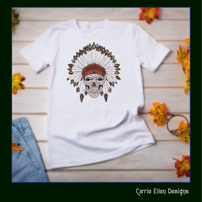 Native American Skull Headdress with Feathers, Indian Skull Machine Embroidery Design, Tribal Skull Art, 6 Sizes (1923)